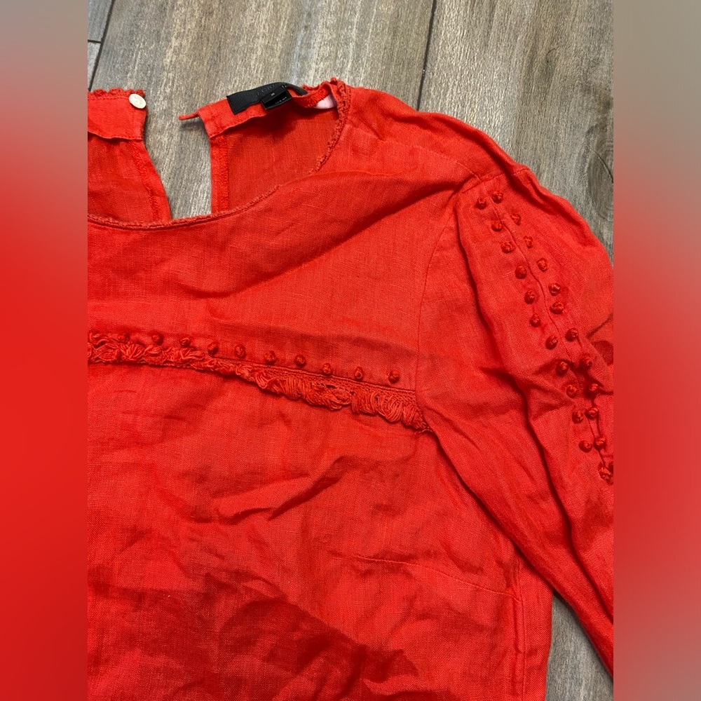 JCrew Red 100% linen | French knot style with fringes, pompons | Women’s tops| 2 - Picture 4 of 6